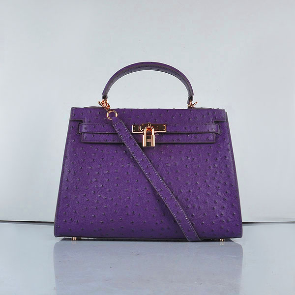 Hermes Kelly 32Cm Ostrich Stripe Tote Leather Handbags Purple Go